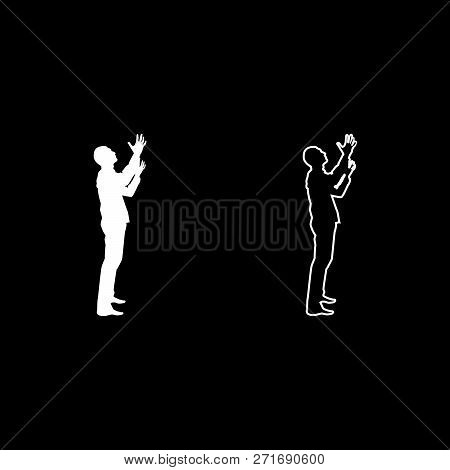 Man Is Turning To Heaven Man Up Arm Appeal To God Pray Concept Silhouette Icon Set White Color Vecto