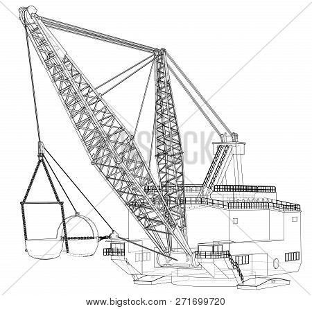 Dragline Walking Excavator. 3d Illustration. Wire-frame Style
