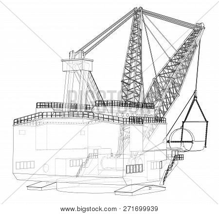 Dragline Walking Excavator. 3d Illustration. Wire-frame Style