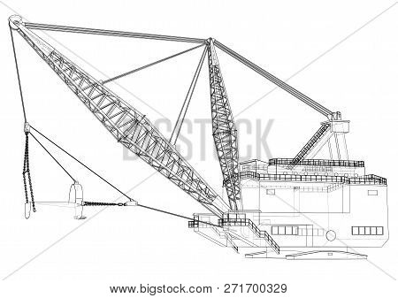 Dragline Walking Excavator. 3d Illustration. Wire-frame Style