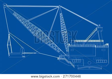 Dragline Walking Excavator. 3d Illustration. Wire-frame Style