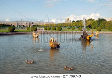 Peterhof, Saint-petersburg, Russia - September 2, 2018: The Upper Garden. Ducks Swim In The Mezheumn