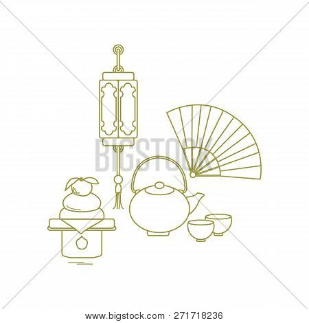 Eastern New Year Symbols. Chinese Lantern, Kettle With Two Cups, Fan, Kagami Mochi. Festive Traditio