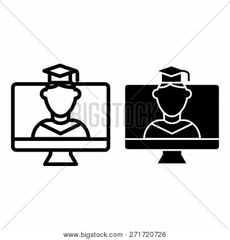 Online Educationa Line And Glyph Icon. Student On Monitor Vector Illustration Isolated On White. E-l