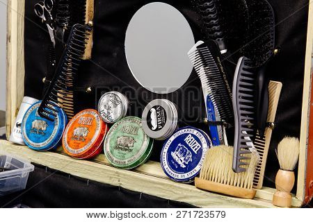 Moscow, Russia, 7.02.2018: Shaving Machines In Barbershop Tool Kit For Shaving Hair Dressing.barber 