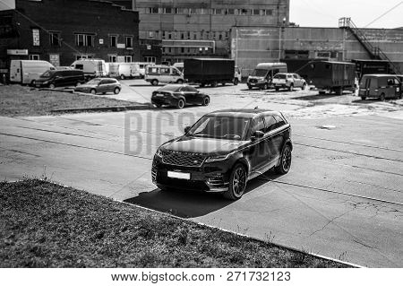 Moscow. Autumn 2018. The Land Rover Range Rover Velar In Black Color Compact Luxury Crossover Suv In