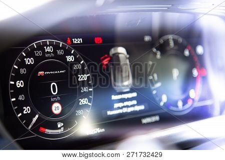Moscow. Autumn 2018. Interior Of The Land Rover Range Rover Velar In Black Color Compact Luxury Cros