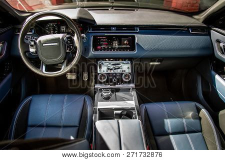 Moscow. Autumn 2018. Interior Of The Land Rover Range Rover Velar In Black Color Compact Luxury Cros