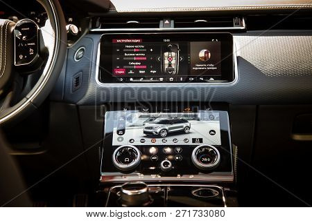 Moscow. Autumn 2018. Interior Of The Land Rover Range Rover Velar In Black Color Compact Luxury Cros
