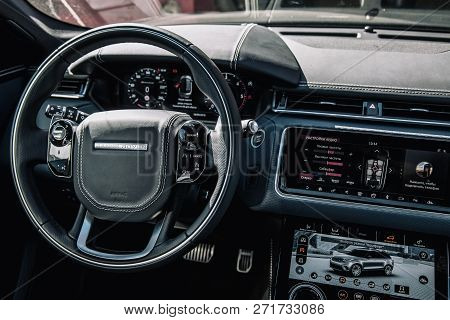 Moscow. Autumn 2018. Interior Of The Land Rover Range Rover Velar In Black Color Compact Luxury Cros