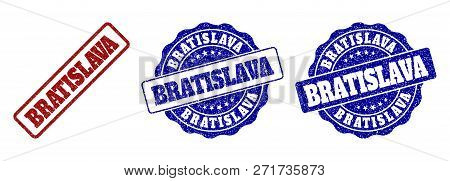 Bratislava Grunge Stamp Seals In Red And Blue Colors. Vector Bratislava Marks With Scratced Texture.