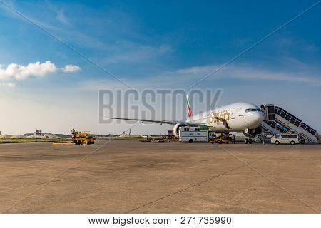 Male, Maldives - May 02, 2018: Boeing 777-300 A6-ebm Of Emirates Airlines At Velana International Ai
