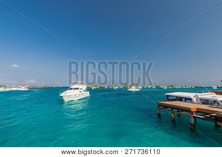 Hulhule Island, Maldives - November 18, 2017: Speed Boat At The Hulhule Port Near Ibrahim Nasir Inte