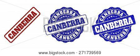 Canberra Grunge Stamp Seals In Red And Blue Colors. Vector Canberra Imprints With Grunge Style. Grap