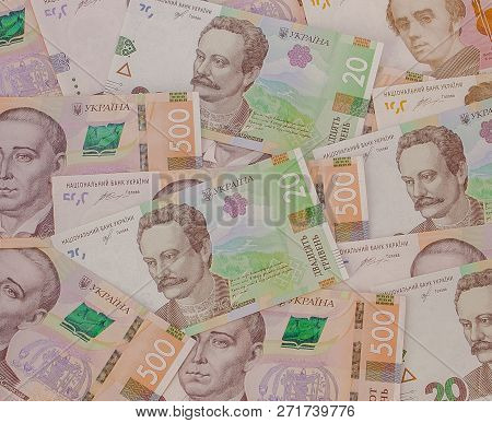 Background With New Banknotes Ukrainian Hryvnia. Inflation, Business. Econimics And Finance Theme