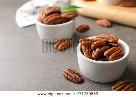 Small Dish With Tasty Pecan Nuts Served On Table. Space For Text