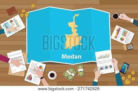 Medan Indonesia City Region Economy Growth With Team Discuss On Fold Maps View From Top Vector Illus