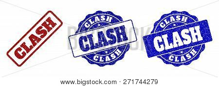 Clash Grunge Stamp Seals In Red And Blue Colors. Vector Clash Labels With Grainy Surface. Graphic El