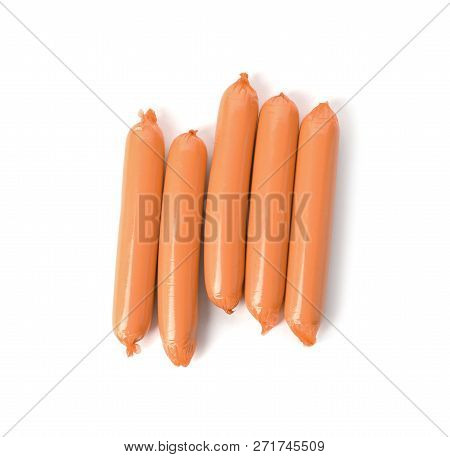 Encased Sausages On White Background, Top View. Meat Product