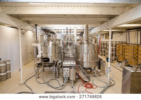 Equipment Room In A Microbrewery Used In Beer Production.