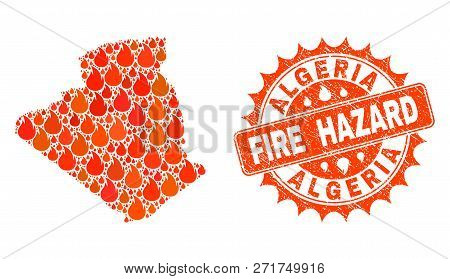 Fire Hazard Collage Of Map Of Algeria Burning And Unclean Stamp Seal. Map Of Algeria Vector Collage 