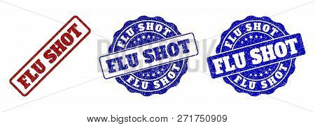 Flu Shot Grunge Stamp Seals In Red And Blue Colors. Vector Flu Shot Labels With Dirty Effect. Graphi