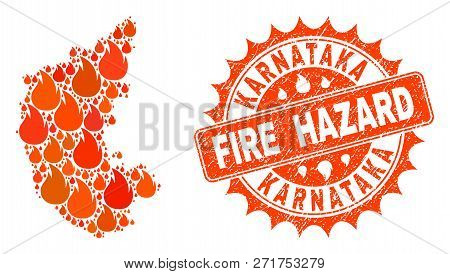 Fire Hazard Collage Of Map Of Karnataka State Burning And Unclean Stamp. Map Of Karnataka State Vect