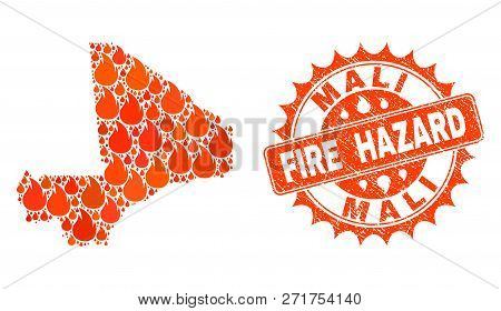 Fire Hazard Collage Of Map Of Mali Burning And Textured Seal. Map Of Mali Vector Collage Formed For 