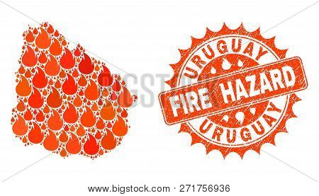Fire Hazard Collage Of Map Of Uruguay Burning And Rubber Stamp. Map Of Uruguay Vector Collage Design