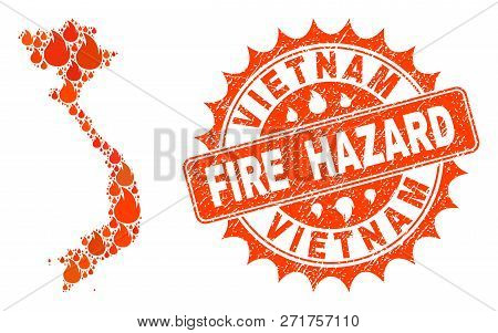 Fire Hazard Collage Of Map Of Vietnam Burning And Textured Stamp Seal. Map Of Vietnam Vector Collage