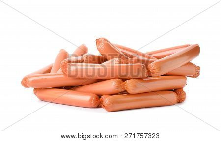Encased Sausages On White Background. Meat Product