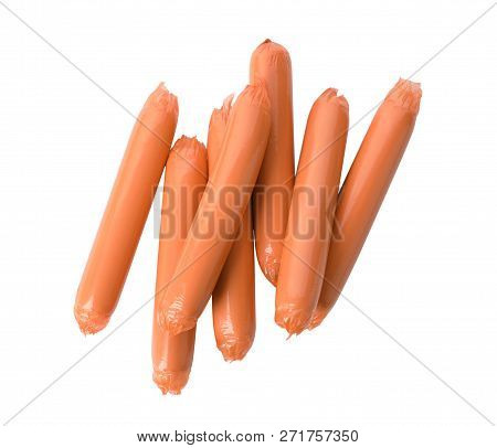 Encased Sausages On White Background, Top View. Meat Product