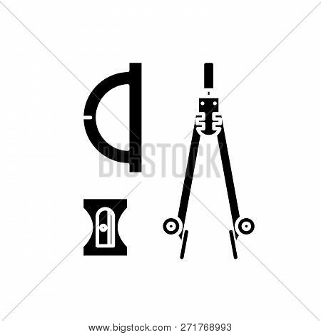Compass, Sharpener, Ruler Black Icon, Vector Sign On Isolated Background. Compass, Sharpener, Ruler 
