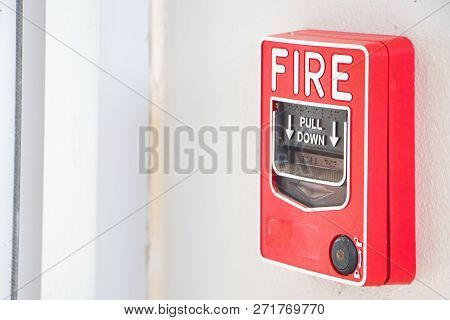 Fire Alarm System. Fire Safety Box On The Wall. Alarm Equipment Detector In Building
