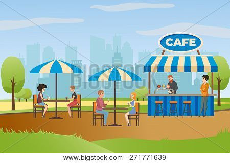 People Resting And Drinking Beverages In Street Cafe Or Fast Food Bar In City Park Flat Vector. Summ
