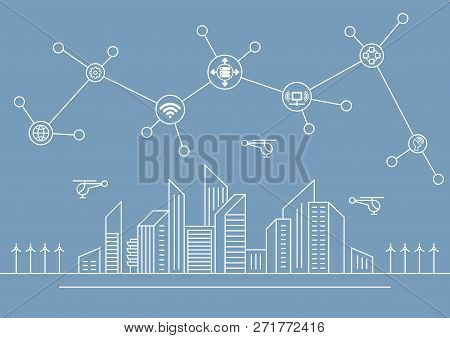 Vector City Line Illustration On Blue Background With Icons