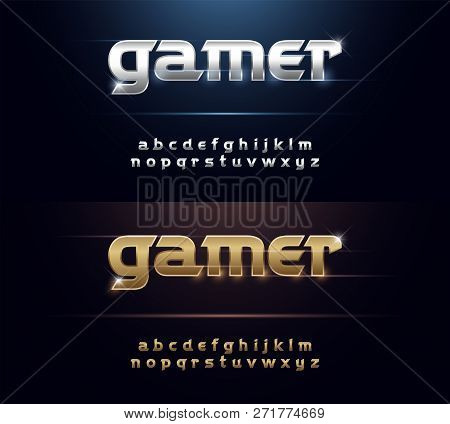 Metal Font Elegant Silver And Golden Chrome Alphabet. Typography Technoly, Sport, Gamer Modern Gold 