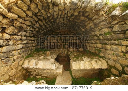 Ruined Walls Of Castle Over The Lake Bafa In A Nature Reserve Situated In Southwestern Turkey