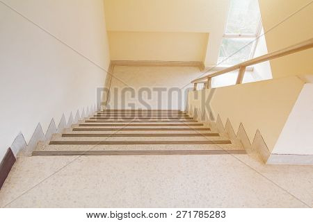 Stairs Terrazzo Floor Walkway Up - Down. Interior Building. Select Focus With Shallow Depth Of Field