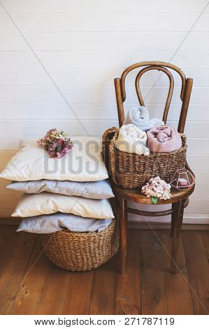 Cozy Interior Details, Scandinavian Mininalistic Lifestyle. Organizing Clothes In Wicker Backets, Se