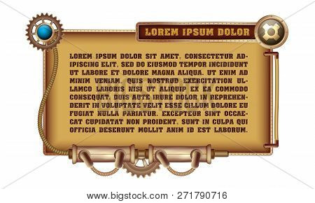 Freely Editable Mechanical Banner Decorated With Brass Gears, Nozzles And Rivets On A White Steampun