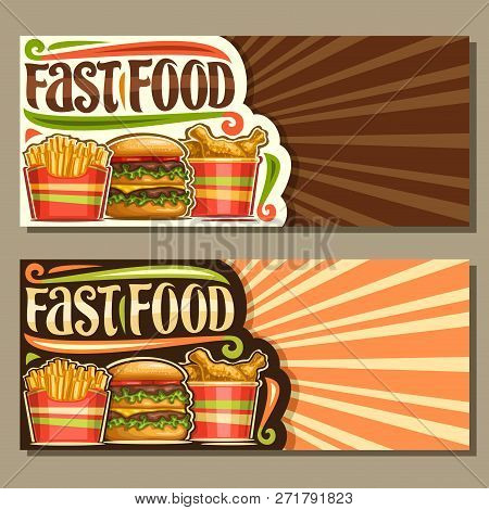 Vector Banners For Fast Food With Copy Space, Templates With Set Of French Fries In Cardboard Box, F