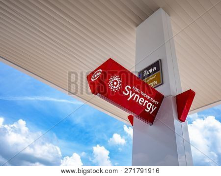 Thailand, Chonburi : In The Gas Station, Esso Brand ,esso Synergy Diesel Service Station Signage, On