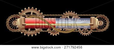 Freely Editable Mechanical Banner Decorated With Brass Gears, Nozzles And Rivets On A Black Steampun