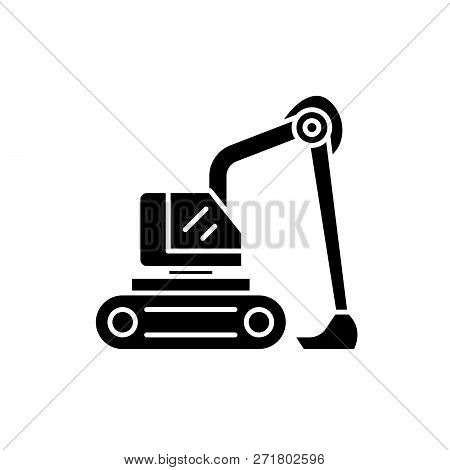 Construction Excavator Black Icon, Vector Sign On Isolated Background. Construction Excavator Concep