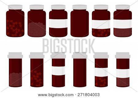 Illustration On Theme Big Colored Set Different Types Of Pills Inside Close Jar. Pill Pattern Consis