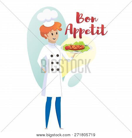 Culinary Concept Illustration Restaurant Business. Vector Illustration Cartoon Cook Holding Ready Di