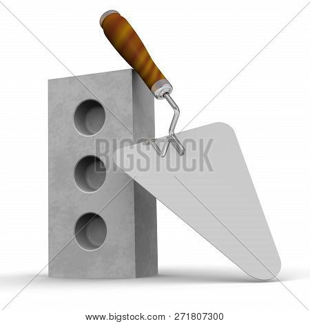 Silicate Brick And Trowel. A Silicate Brick And A Trowel On A White Surface. Isolated. 3d Illustrati