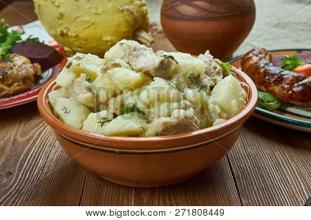 Labskovs, Danish Labskaus, Homemade Cuisine, Traditional Assorted Dishes, Top View.