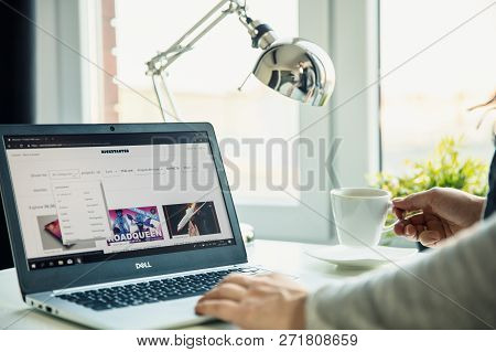 Wroclaw, Poland - November 29th, 2018: Modern Laptop On The Desk In Office With Kickstarter Website 